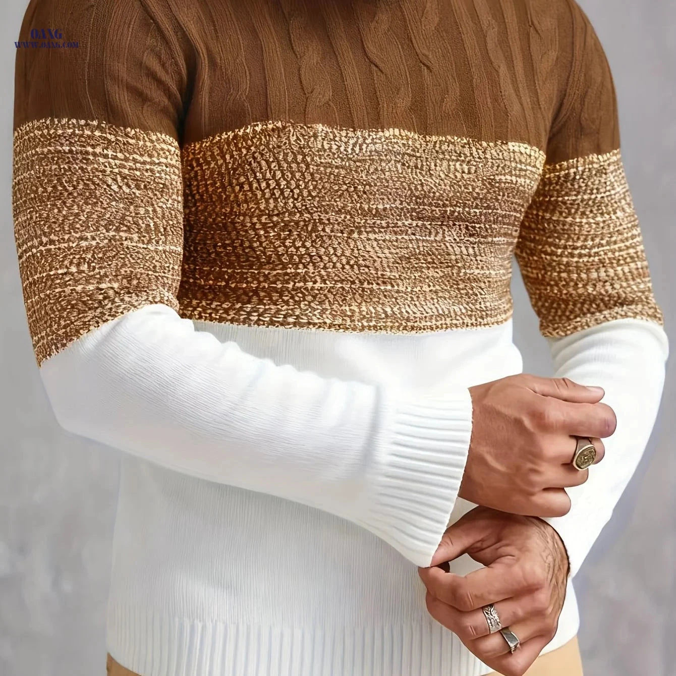 Men's Color Block Pullover - Casual Round Neck, Medium Stretch Fabric   OAXG Camel / FR S