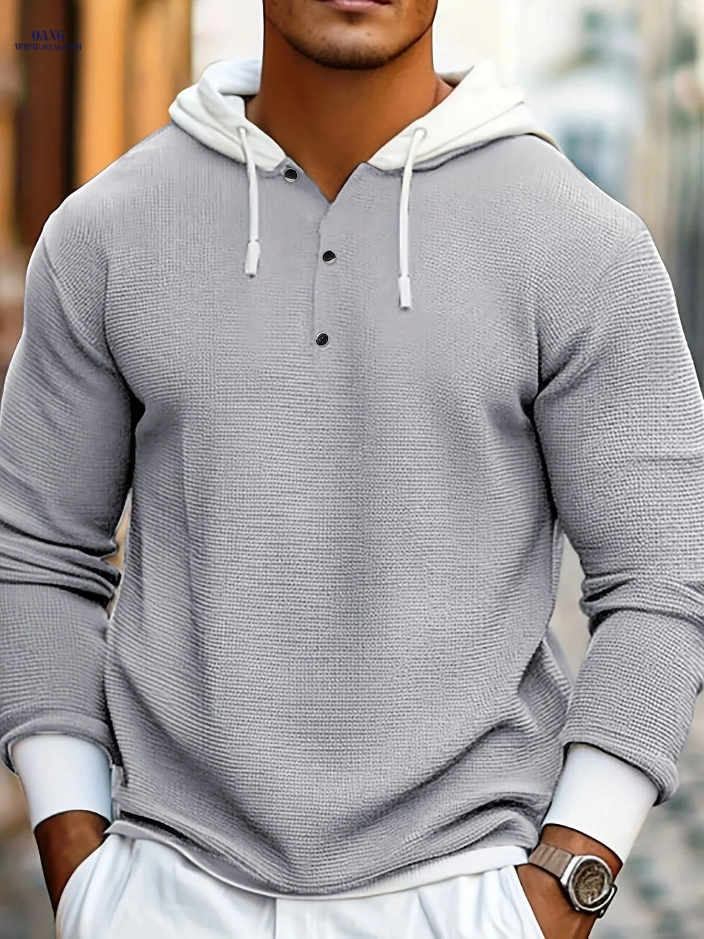 Men's Color-Block Ribbed Hooded Sweatshirt - Cozy Fall/Winter Casual Wear   OAXG Grey / FR XS