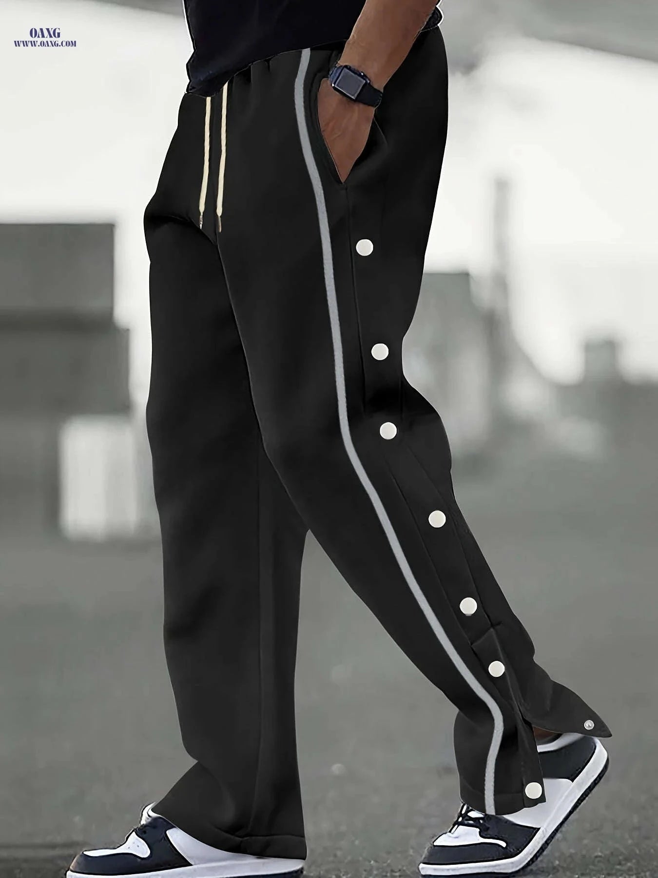 Men's Color-Blocked Casual Pants - Button Placket, Straight Leg Style   OAXG 