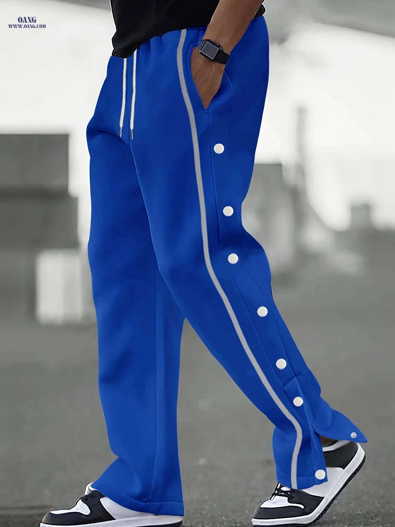 Men's Color-Blocked Casual Pants - Button Placket, Straight Leg Style   OAXG 