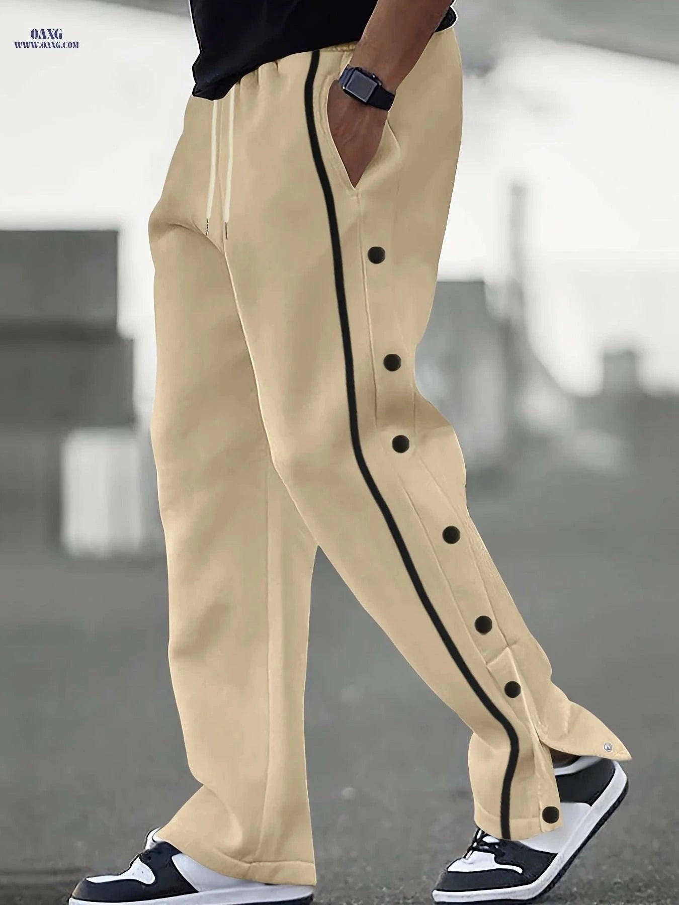 Men's Color-Blocked Casual Pants - Button Placket, Straight Leg Style   OAXG Khaki / FR S