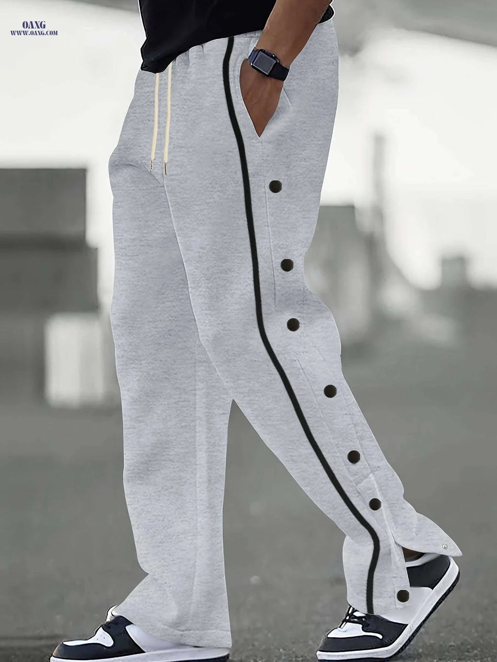 Men's Color-Blocked Casual Pants - Button Placket, Straight Leg Style   OAXG 