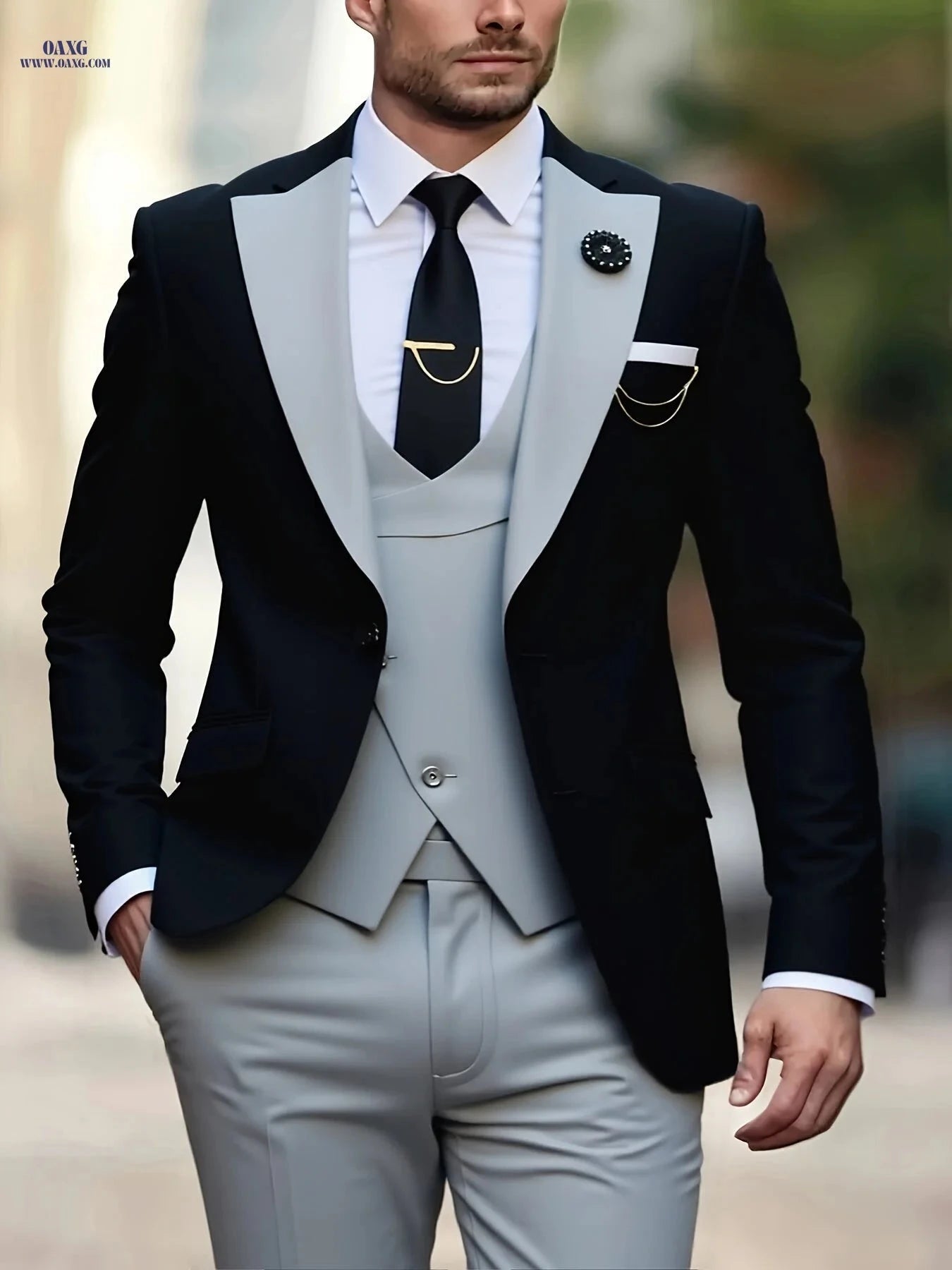 Men's Color-Blocked Suit Set - Jacket, Vest & Trousers for Weddings   OAXG 