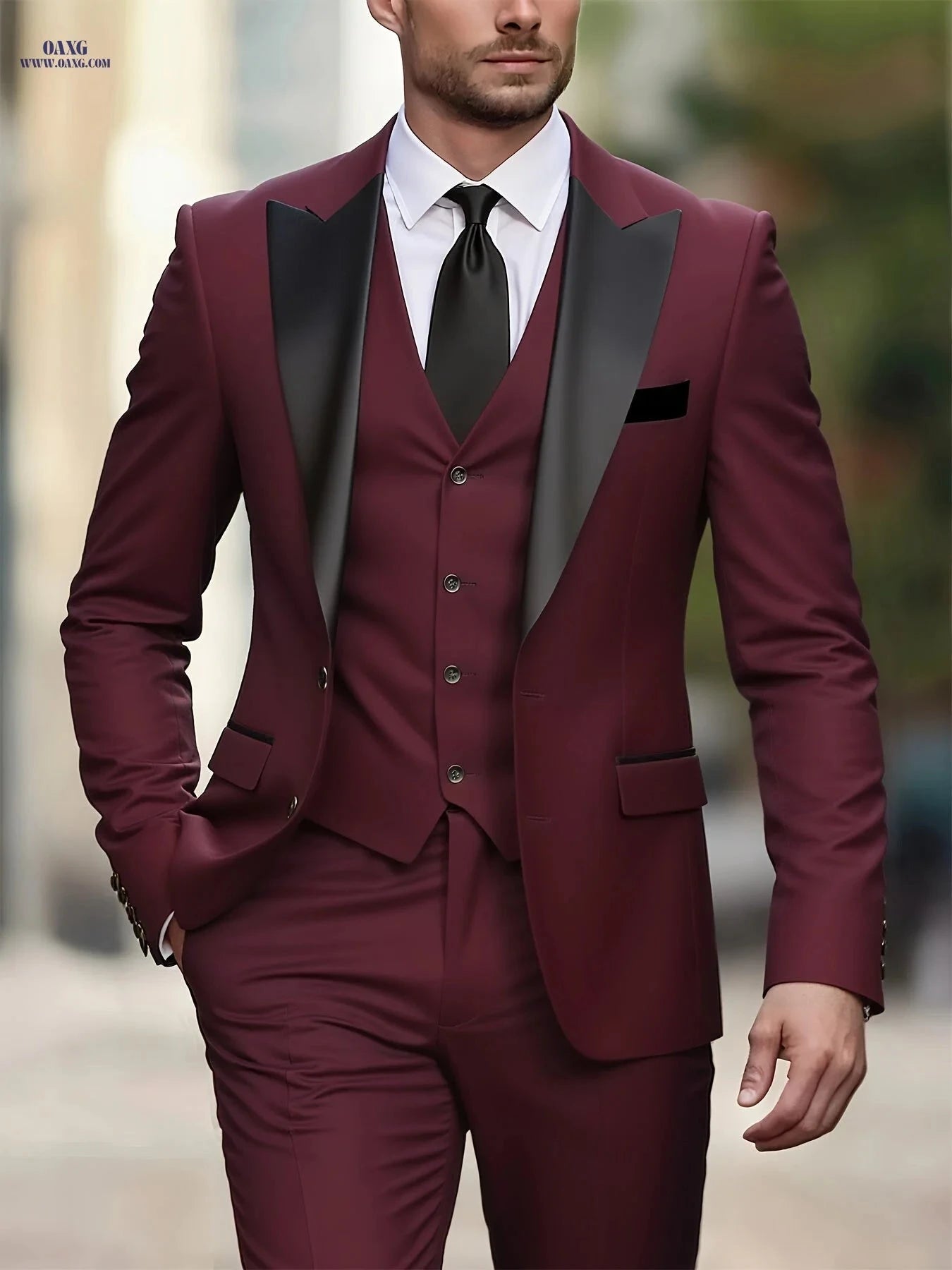 Men's Color-Blocked Suit Set - Jacket, Vest & Trousers for Weddings   OAXG 
