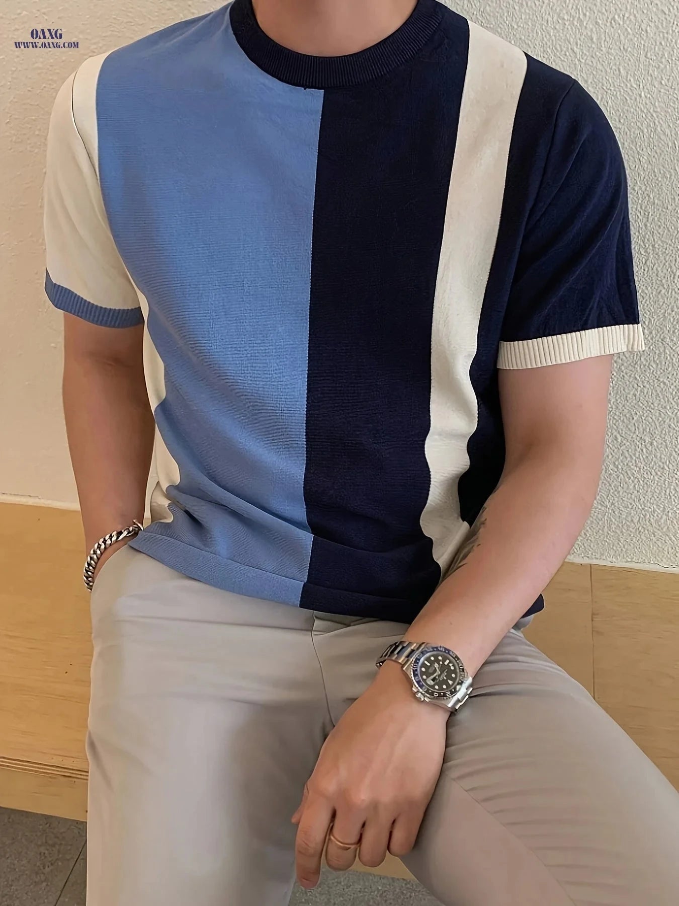 Men's Color-Blocking Knitted Sweater - Casual Short Sleeve Top   OAXG 