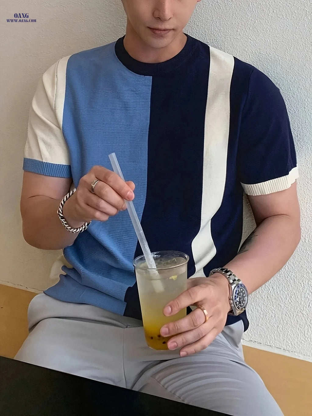 Men's Color-Blocking Knitted Sweater - Casual Short Sleeve Top   OAXG Mixed colors / FR XXS