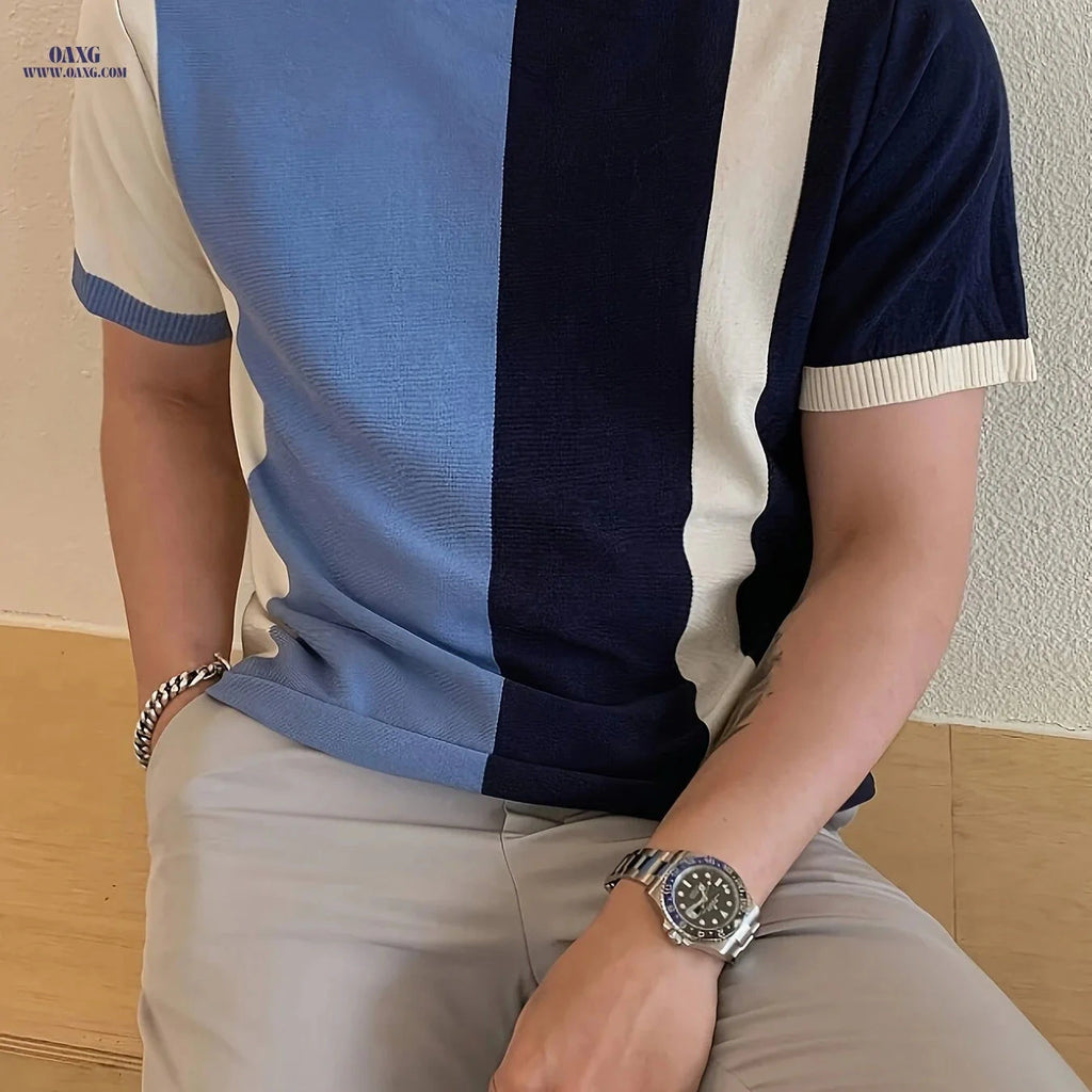 Men's Color-Blocking Knitted Sweater - Casual Short Sleeve Top   OAXG Mixed colors / FR XXS