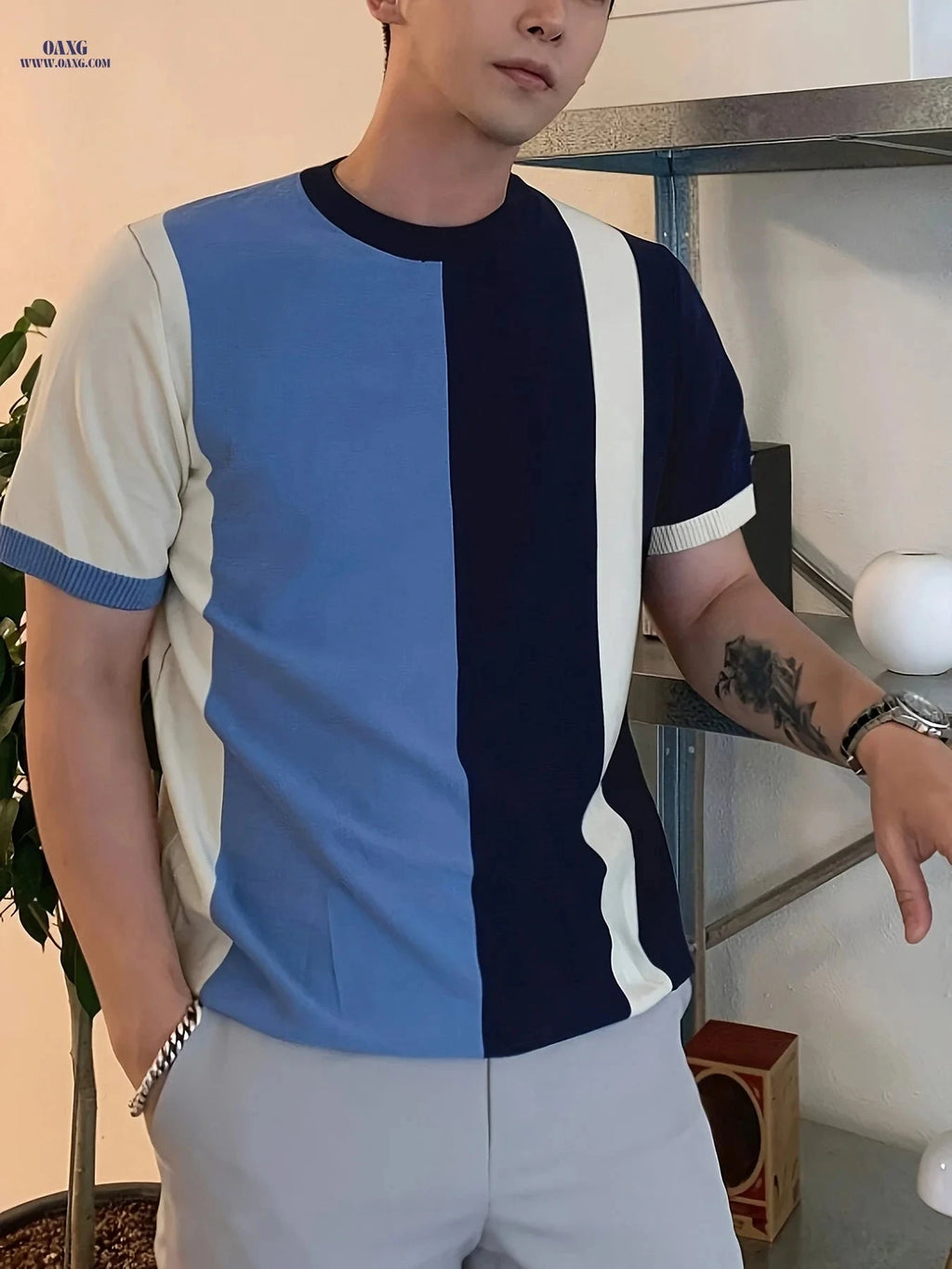 Men's Color-Blocking Knitted Sweater - Casual Short Sleeve Top   OAXG Mixed colors / FR XXS