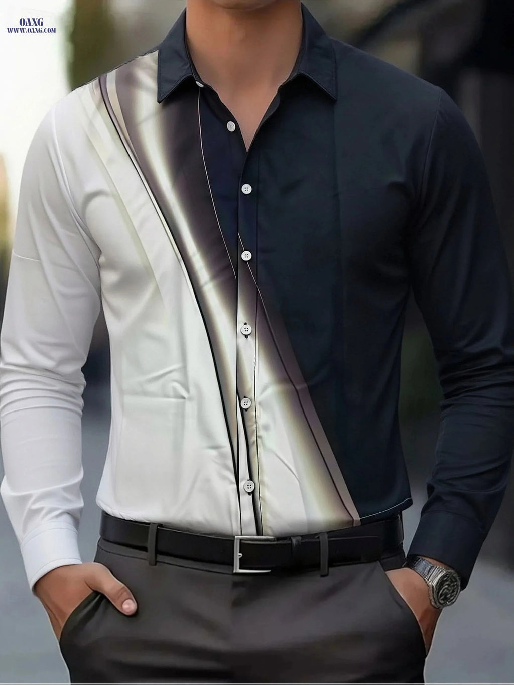 Men's Colorblock Formal Button-Up Shirt - Casual Weekend Style   OAXG 