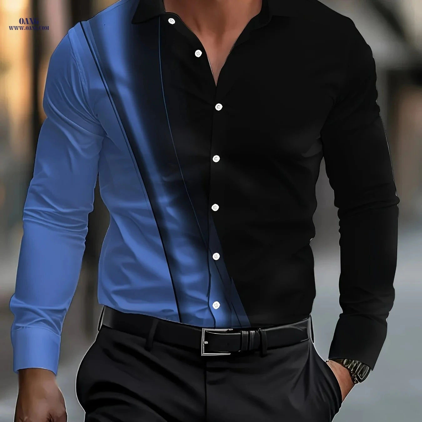 Men's Colorblock Formal Button-Up Shirt - Casual Weekend Style   OAXG Blue / FR S