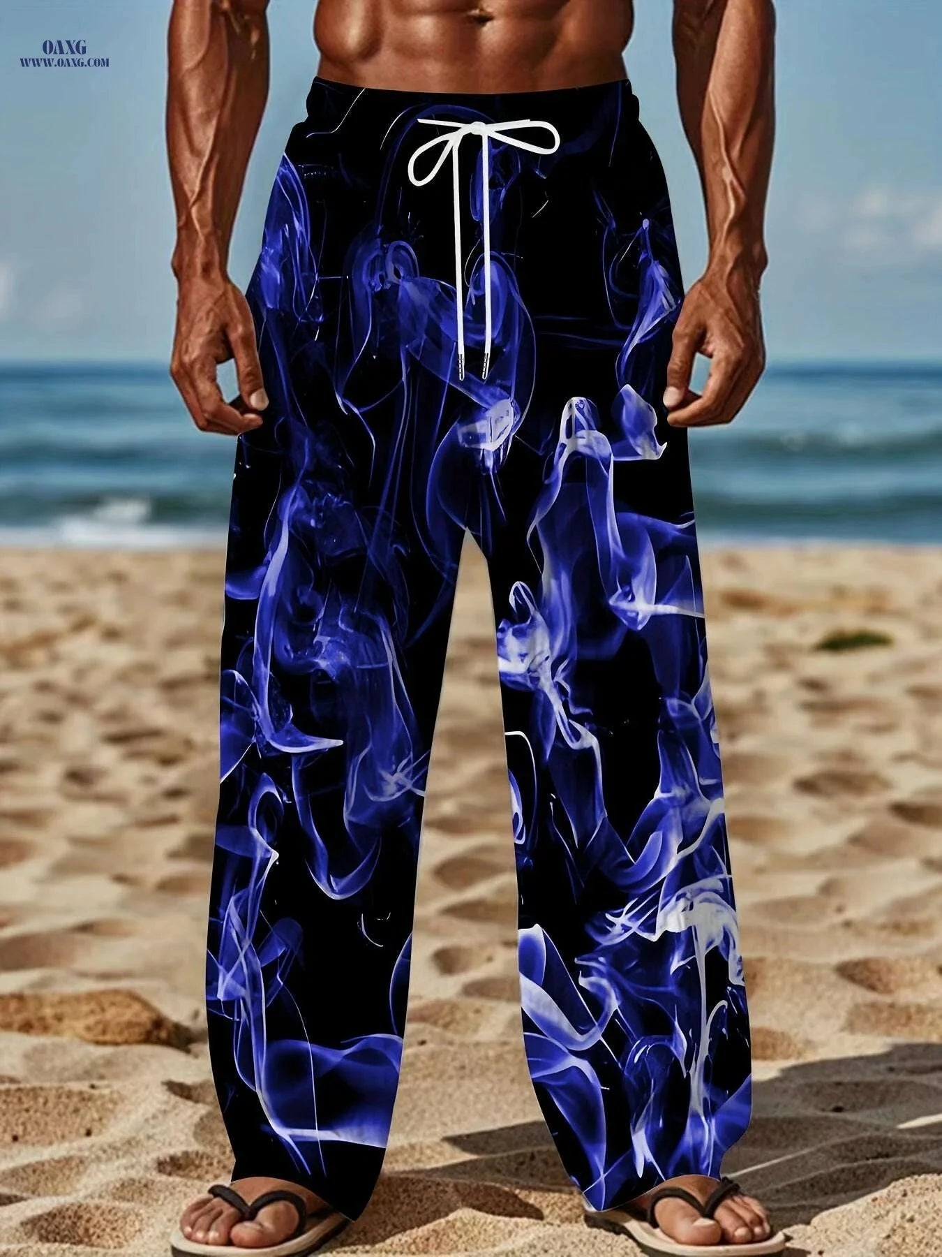 Men's Colorful Smoke Pattern Casual Pants - Drawstring & Loose Fit   OAXG 