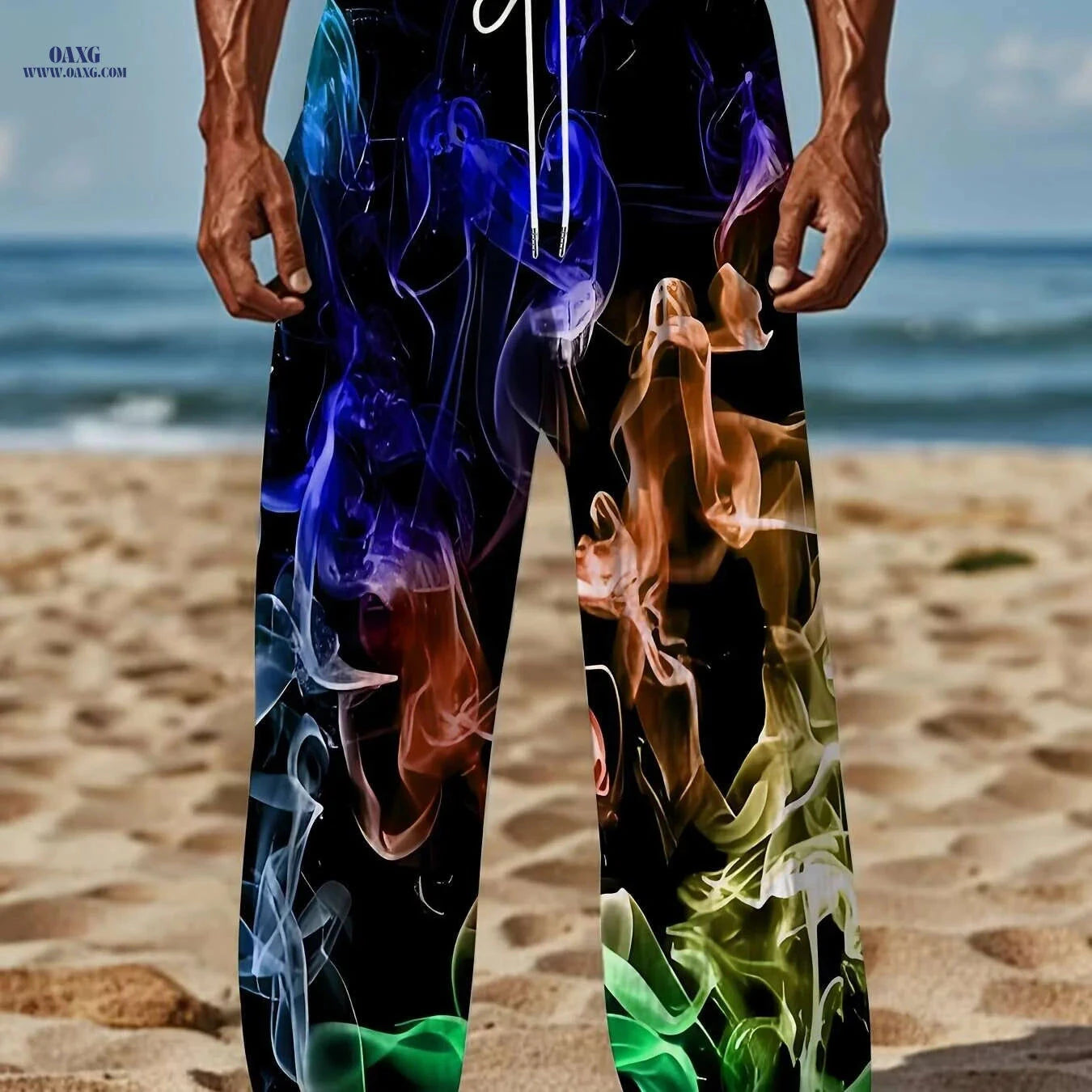 Men's Colorful Smoke Pattern Casual Pants - Drawstring & Loose Fit   OAXG Black / M