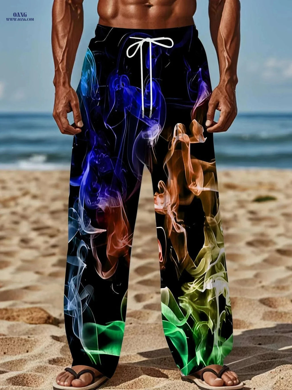 Men's Colorful Smoke Pattern Casual Pants - Drawstring & Loose Fit   OAXG Black / M