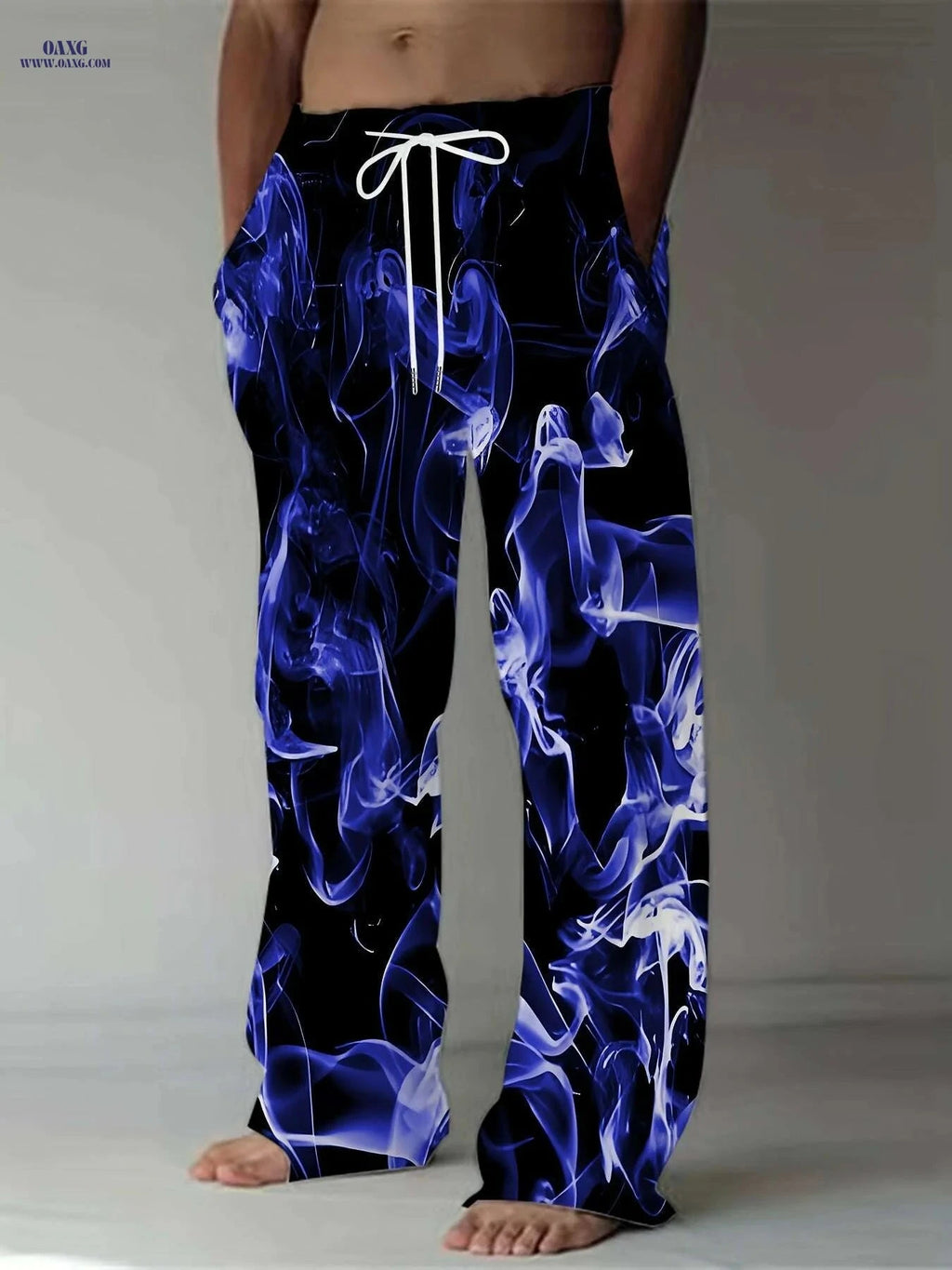 Men's Colorful Smoke Pattern Casual Pants - Drawstring & Loose Fit   OAXG Black / M