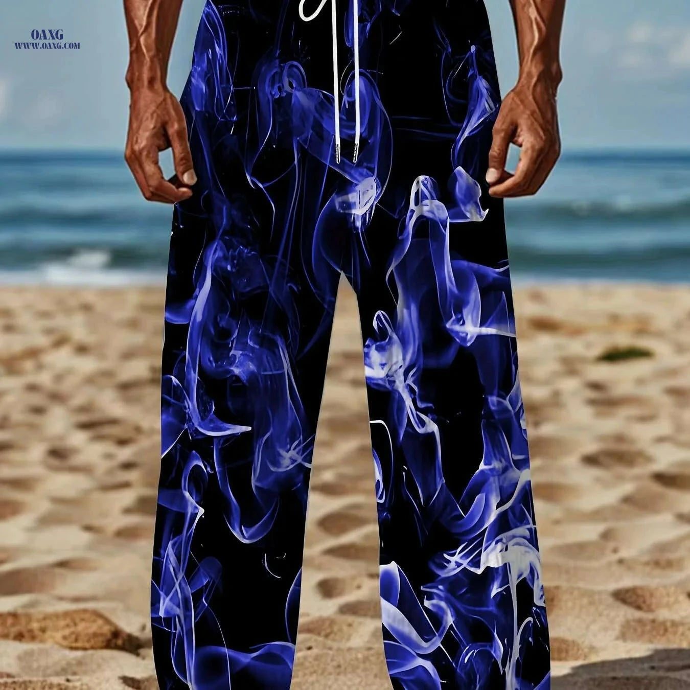 Men's Colorful Smoke Pattern Casual Pants - Drawstring & Loose Fit   OAXG Black / M