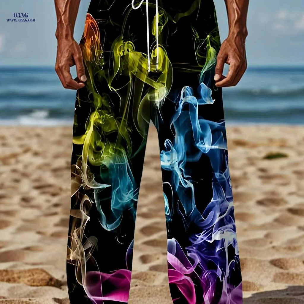 Men's Colorful Smoke Pattern Casual Pants - Drawstring & Loose Fit   OAXG 