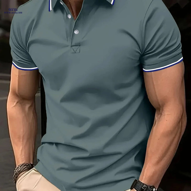 Men's Comfortable Polo Shirt - Classic Short Sleeve, Solid Color   OAXG 