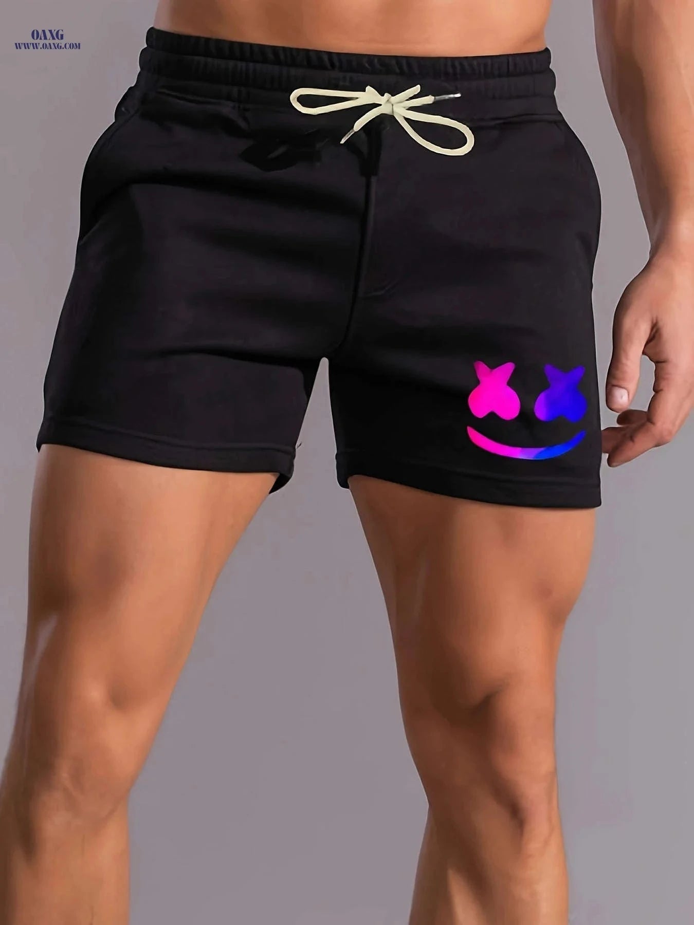 Men's Comfy Smiling Face Pattern Shorts - Drawstring, Slight Stretch   OAXG 