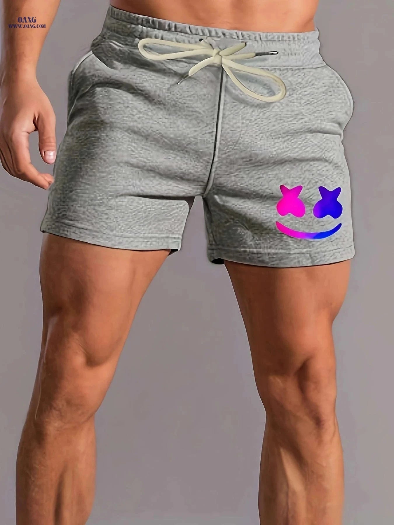 Men's Comfy Smiling Face Pattern Shorts - Drawstring, Slight Stretch   OAXG Black / FR M