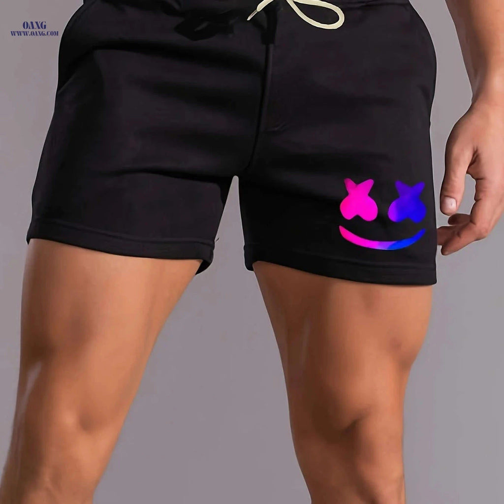 Men's Comfy Smiling Face Pattern Shorts - Drawstring, Slight Stretch   OAXG Black / FR M