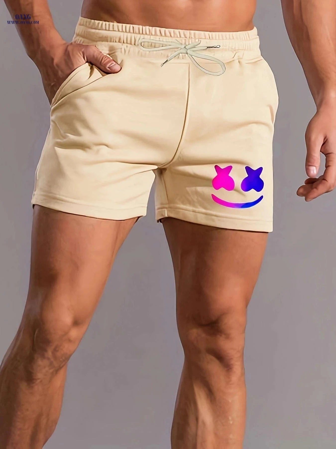 Men's Comfy Smiling Face Pattern Shorts - Drawstring, Slight Stretch   OAXG Black / FR M