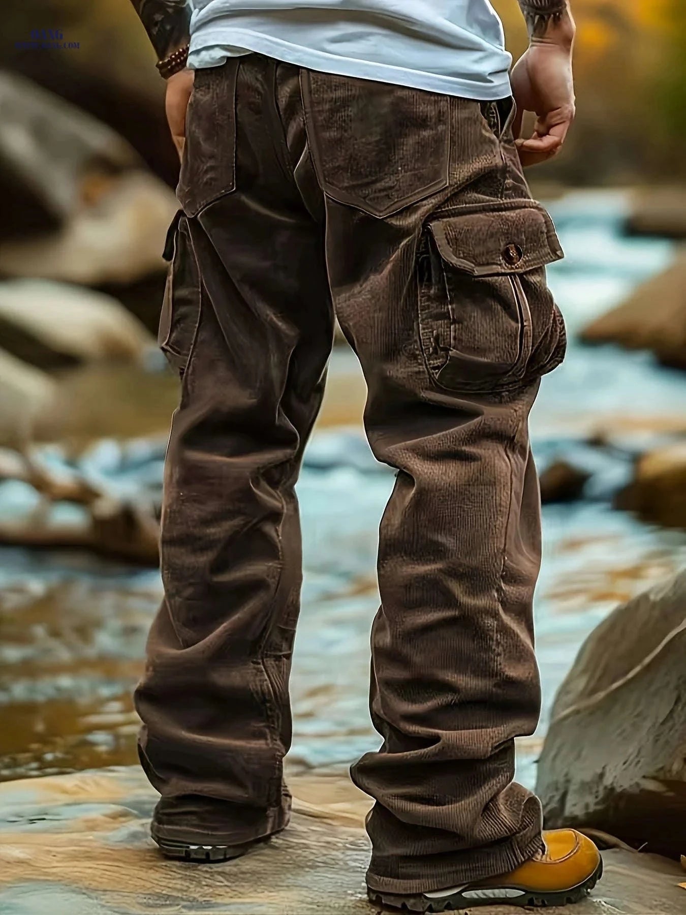 Men's Corduroy Cargo Pants - Multi-Pocket Casual Trousers   OAXG 