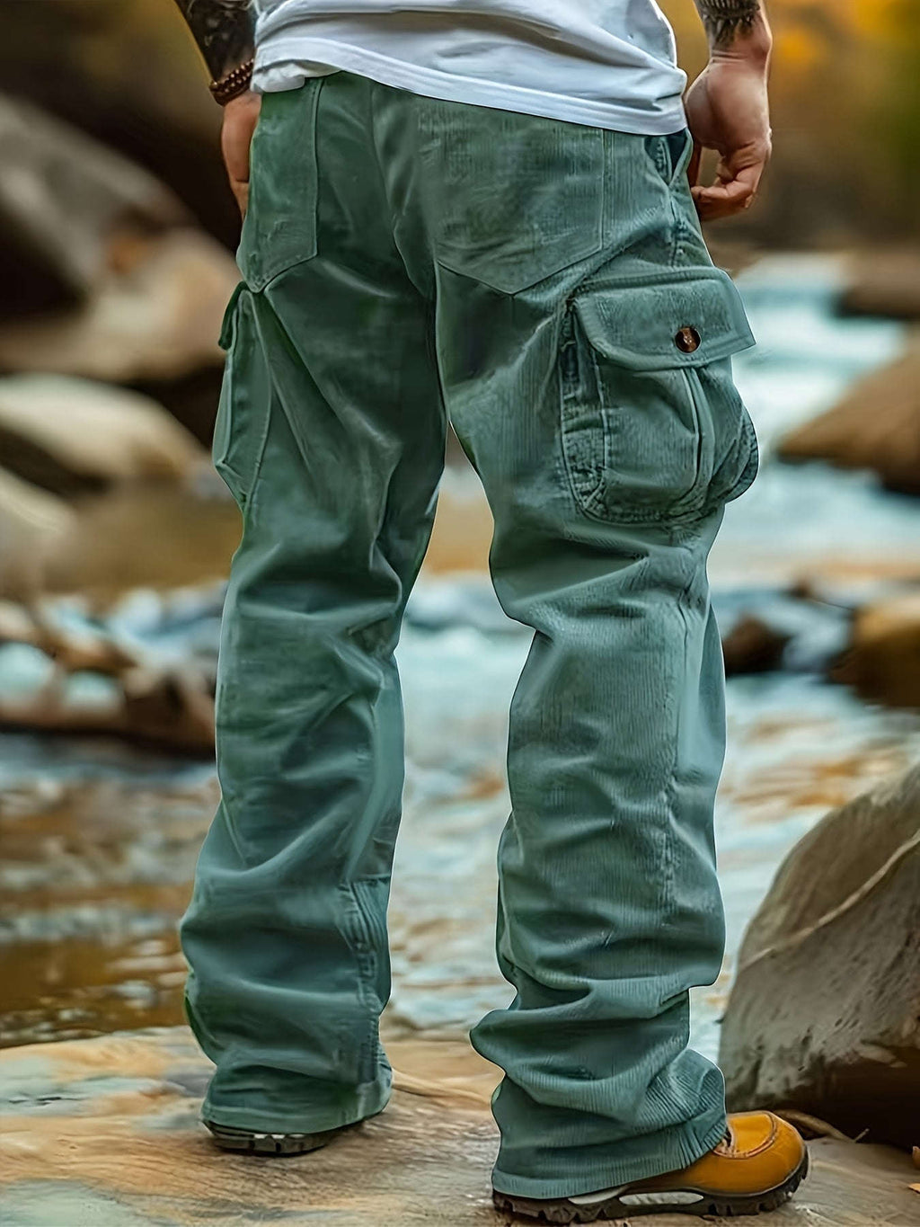 Men's Corduroy Cargo Pants - Multi-Pocket Casual Trousers   OAXG 