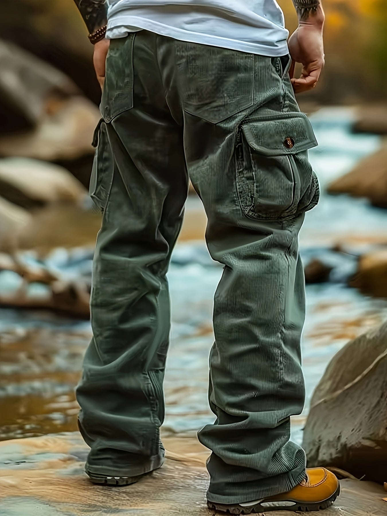 Men's Corduroy Cargo Pants - Multi-Pocket Casual Trousers   OAXG 
