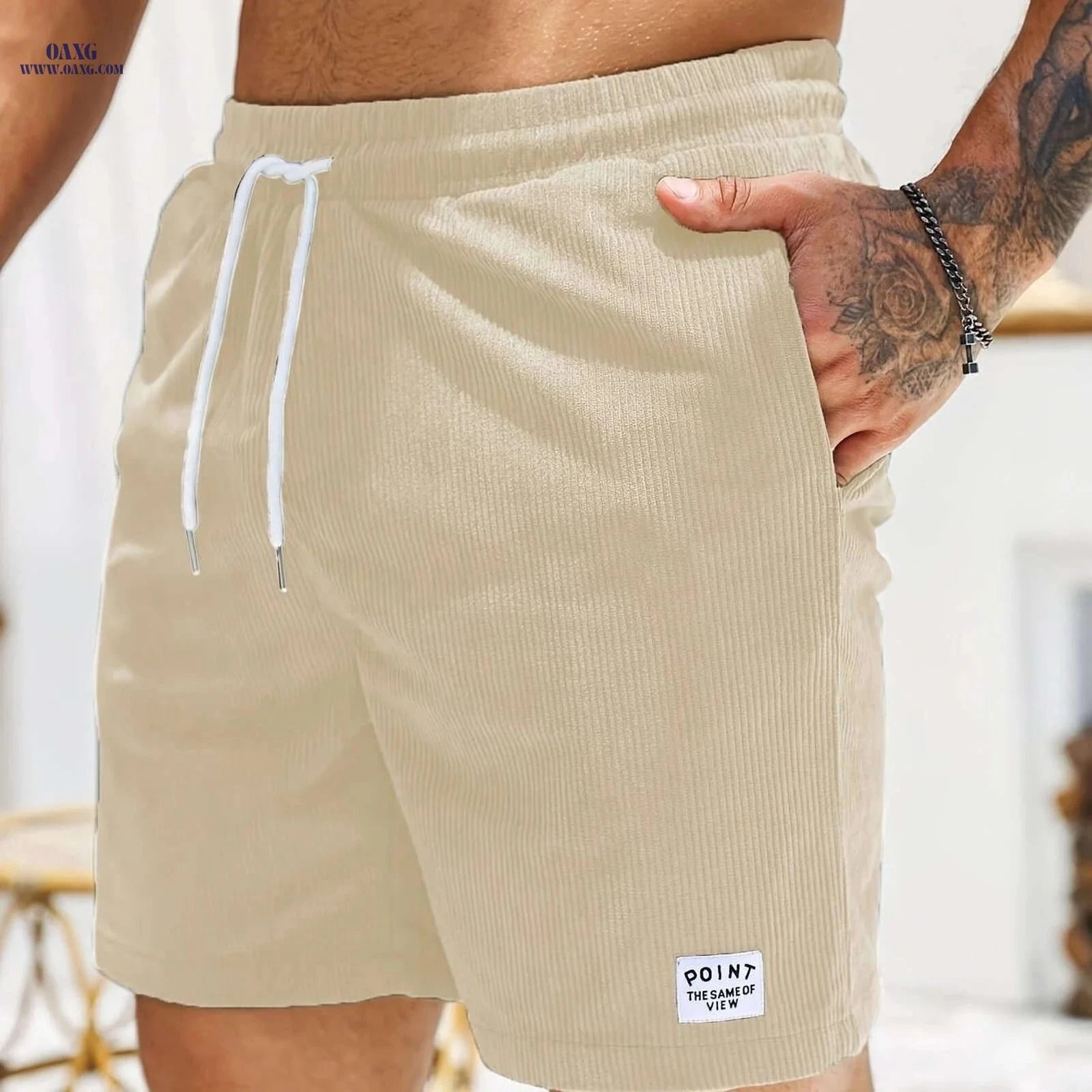 Men's Corduroy Casual Shorts - Drawstring, Pockets, Solid Colors   OAXG 