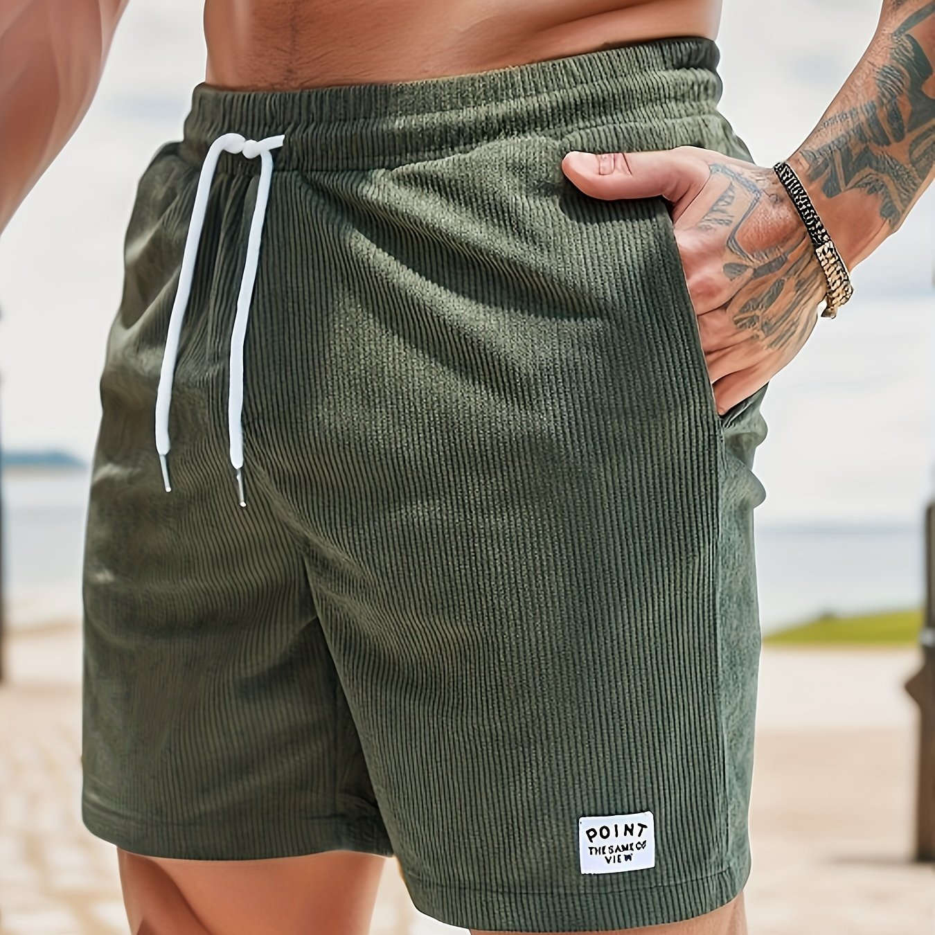 Men's Corduroy Casual Shorts - Drawstring, Pockets, Solid Colors   OAXG Army Green / FR S