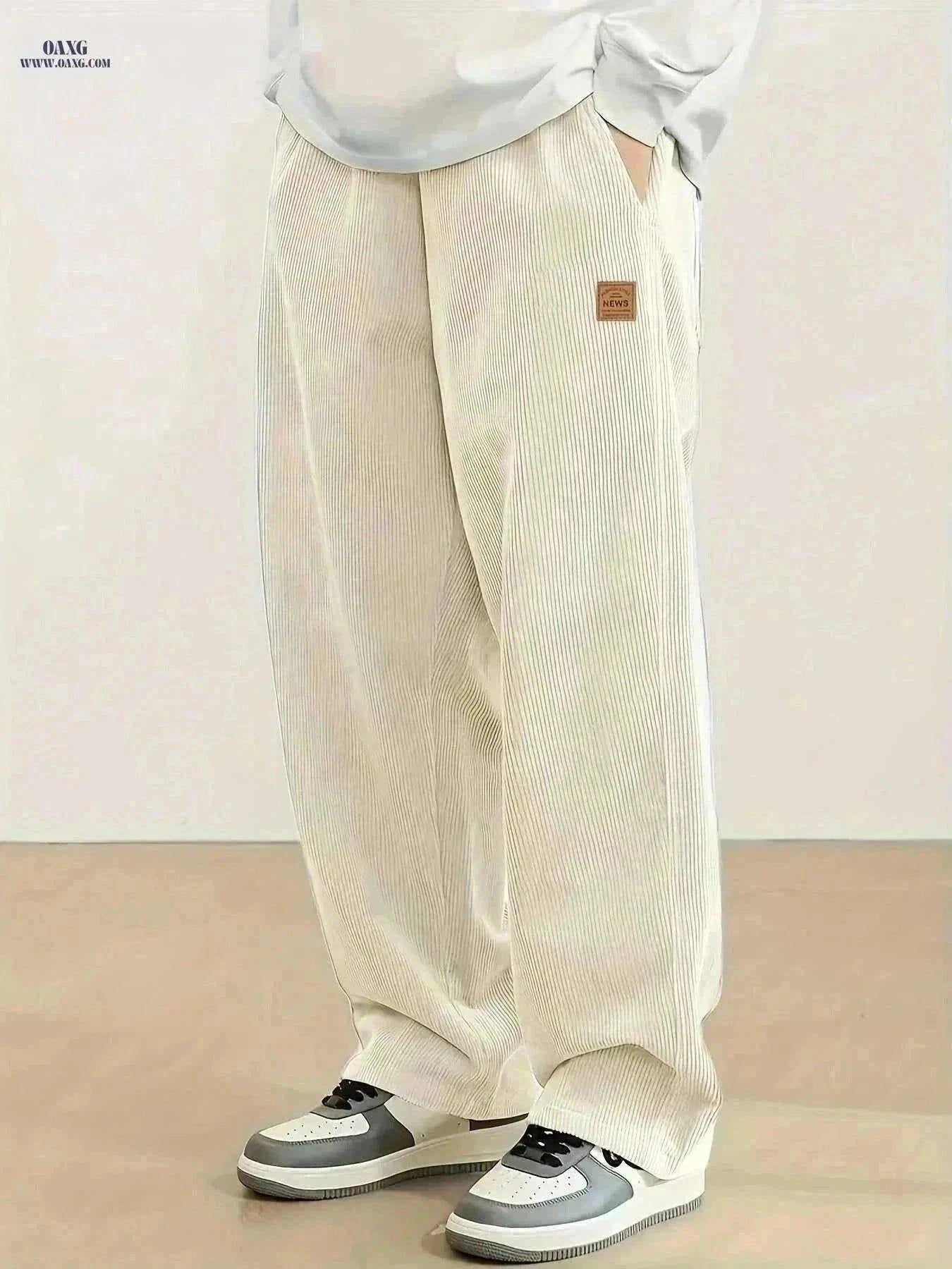 Men's Corduroy Sweatpants - Loose Fit, Casual Black & White Design   OAXG Black / S