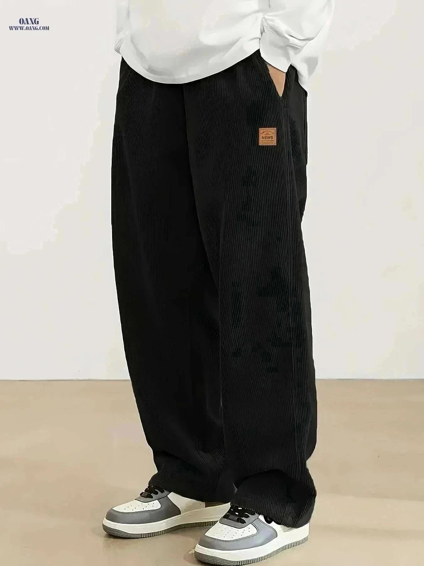 Men's Corduroy Sweatpants - Loose Fit, Casual Black & White Design   OAXG Black / S