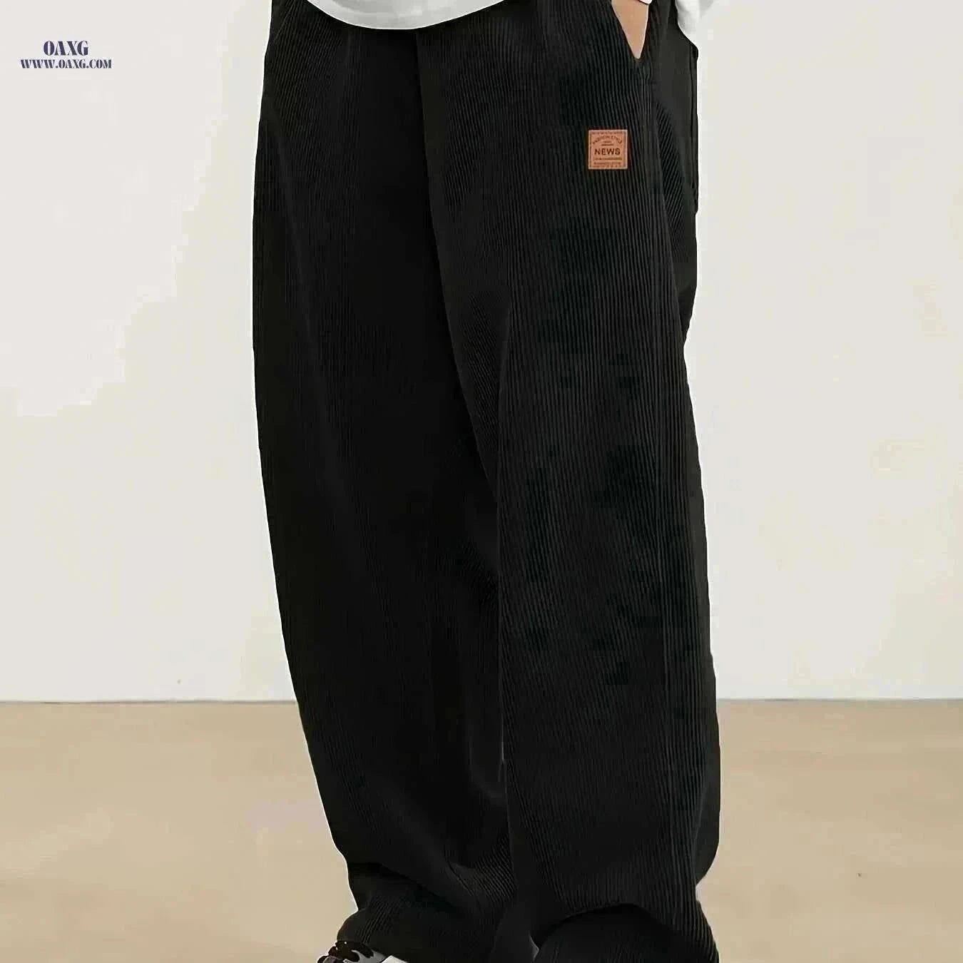 Men's Corduroy Sweatpants - Loose Fit, Casual Black & White Design   OAXG Black / S