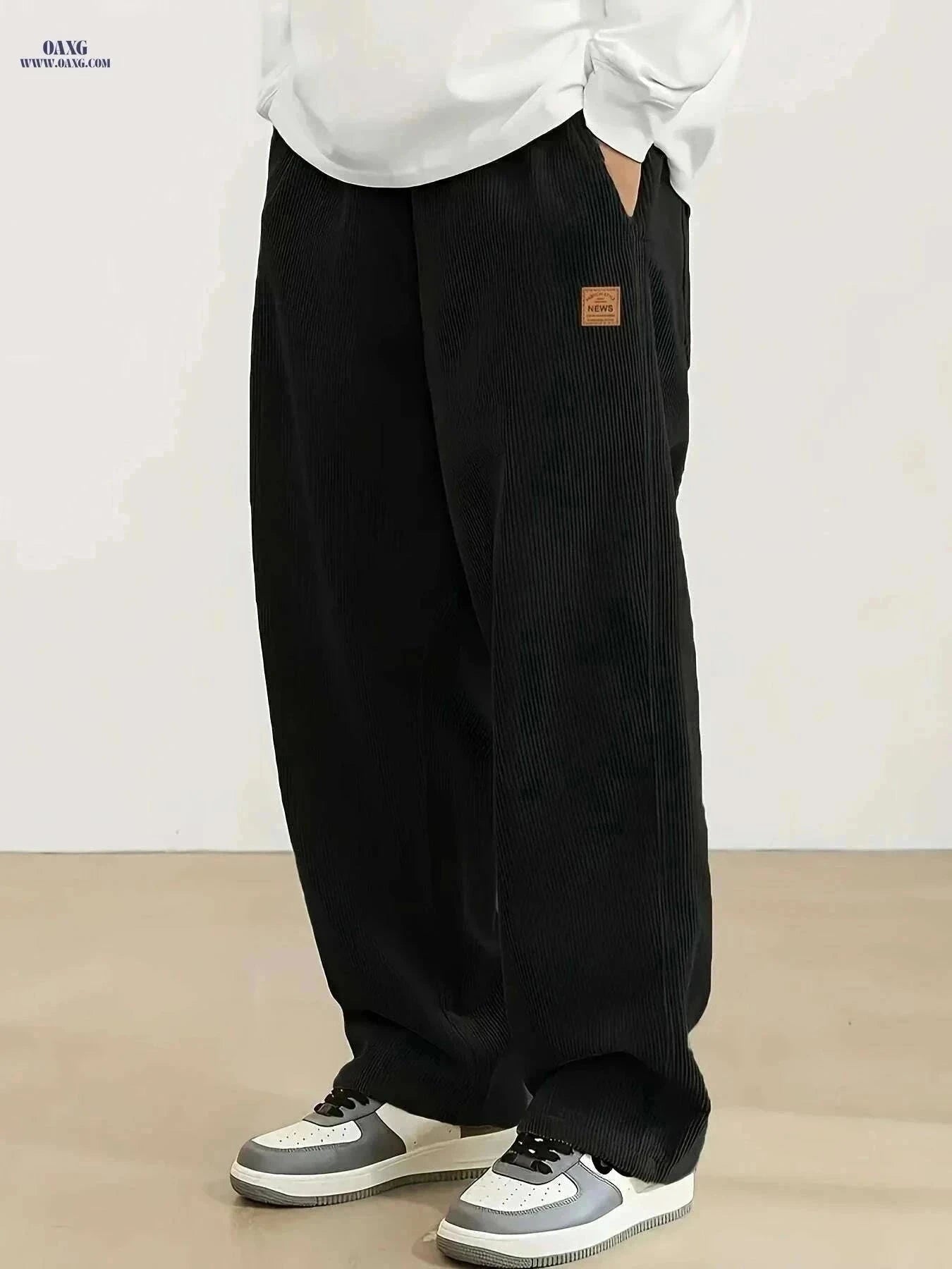 Men's Corduroy Sweatpants - Loose Fit, Casual Black & White Design   OAXG Black / S