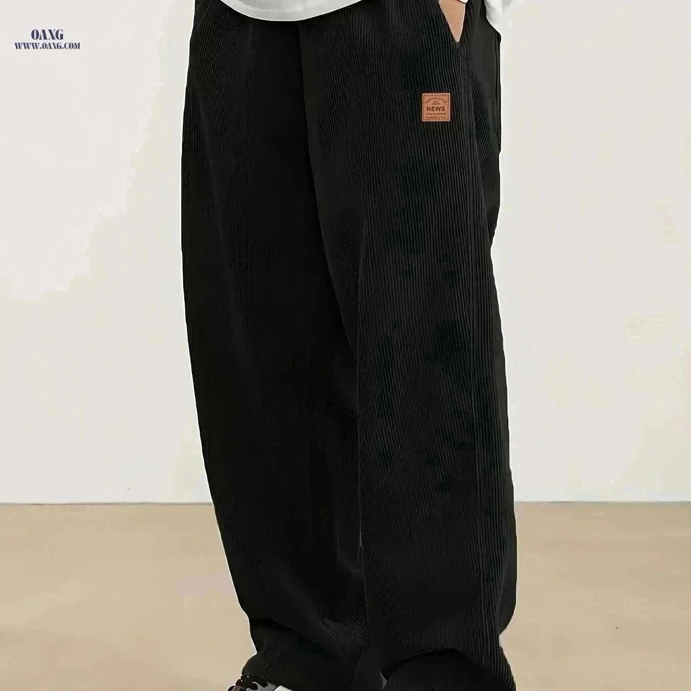 Men's Corduroy Sweatpants - Loose Fit, Casual Black & White Design   OAXG Black / S
