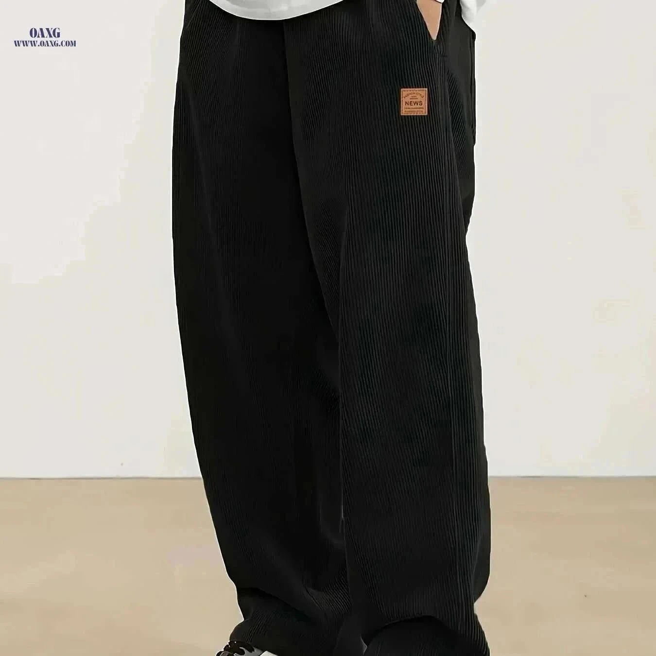 Men's Corduroy Sweatpants - Loose Fit, Casual Black & White Design   OAXG Black / S