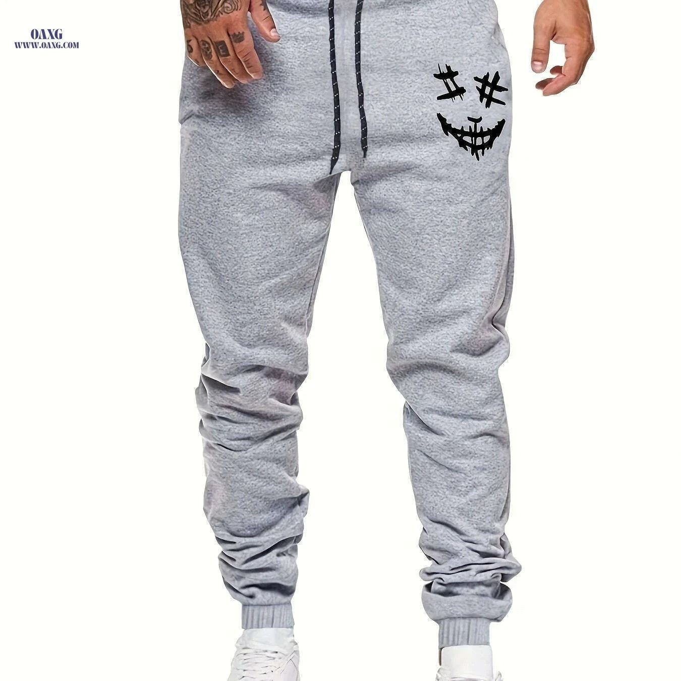 Men's Creepy Face Print Drawstring Joggers - Casual Loose Fit Pant   OAXG Light Grey / S