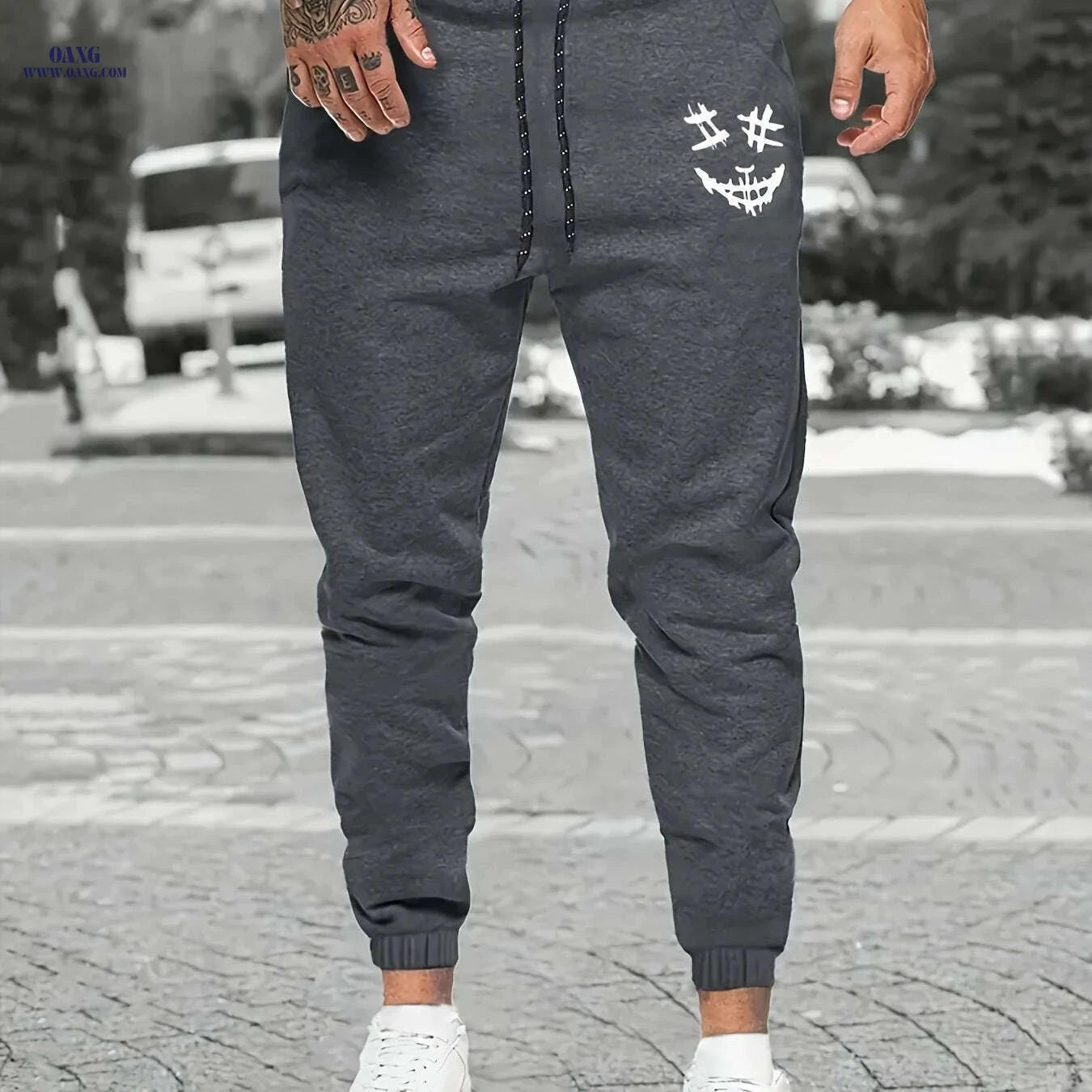 Men's Creepy Face Print Drawstring Joggers - Casual Loose Fit Pant   OAXG Light Grey / S