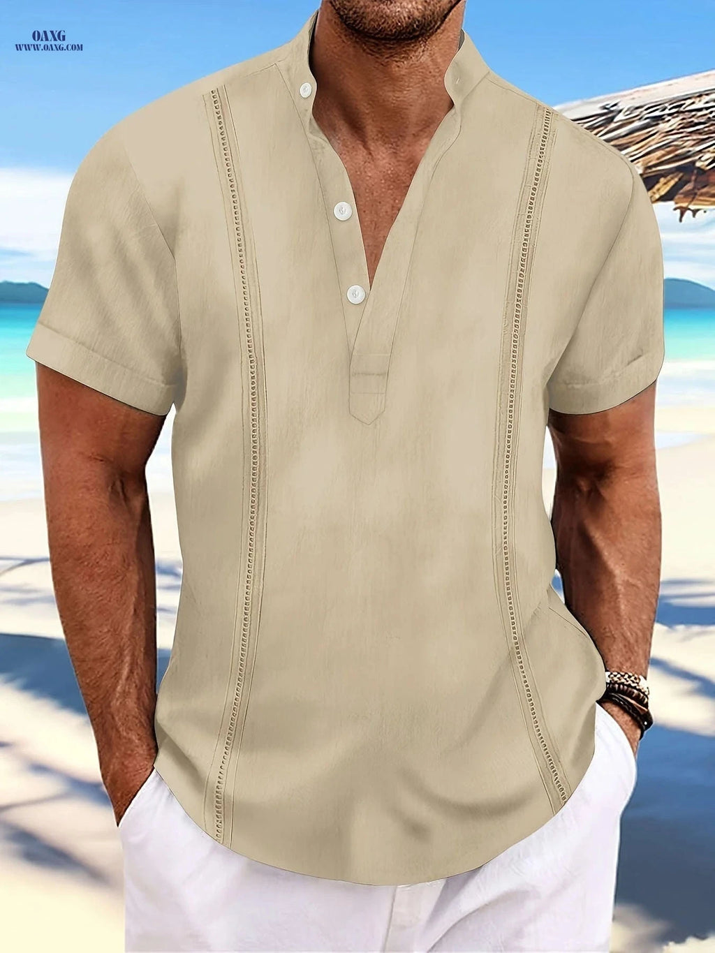 Men's Cuban Vintage Linen Henley Shirt - Casual Summer Style   OAXG 
