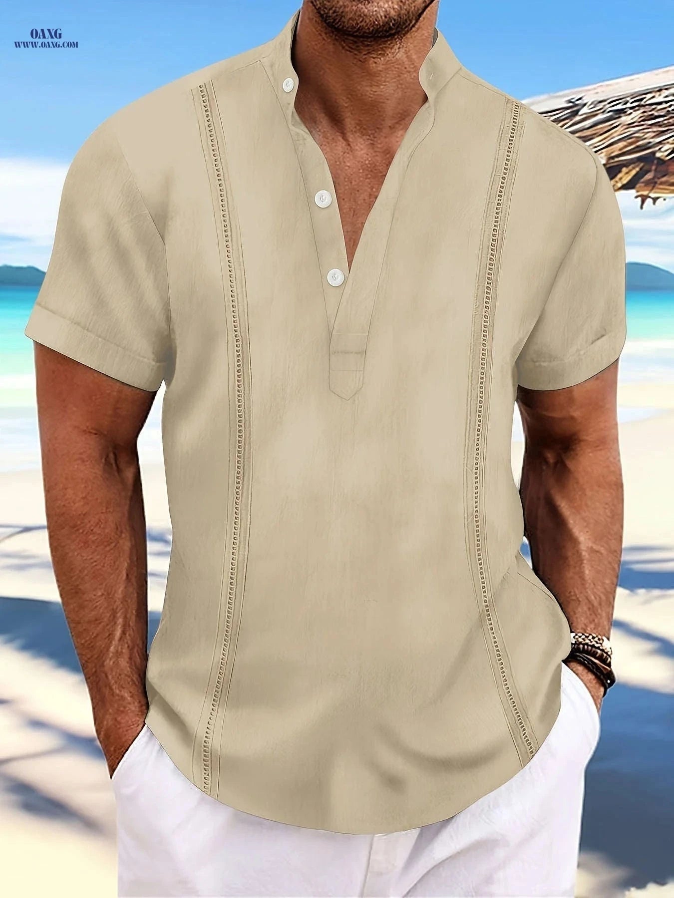 Men's Cuban Vintage Linen Henley Shirt - Casual Summer Style   OAXG 