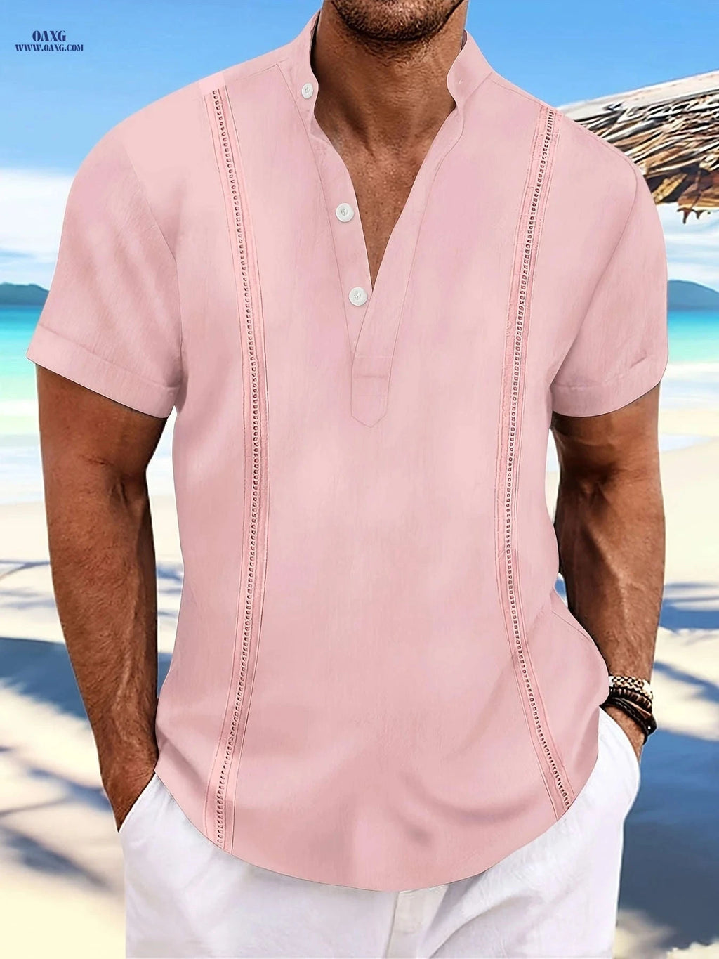 Men's Cuban Vintage Linen Henley Shirt - Casual Summer Style   OAXG 