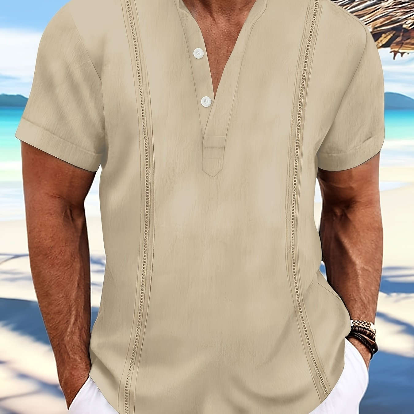 Men's Cuban Vintage Linen Henley Shirt - Casual Summer Style   OAXG 