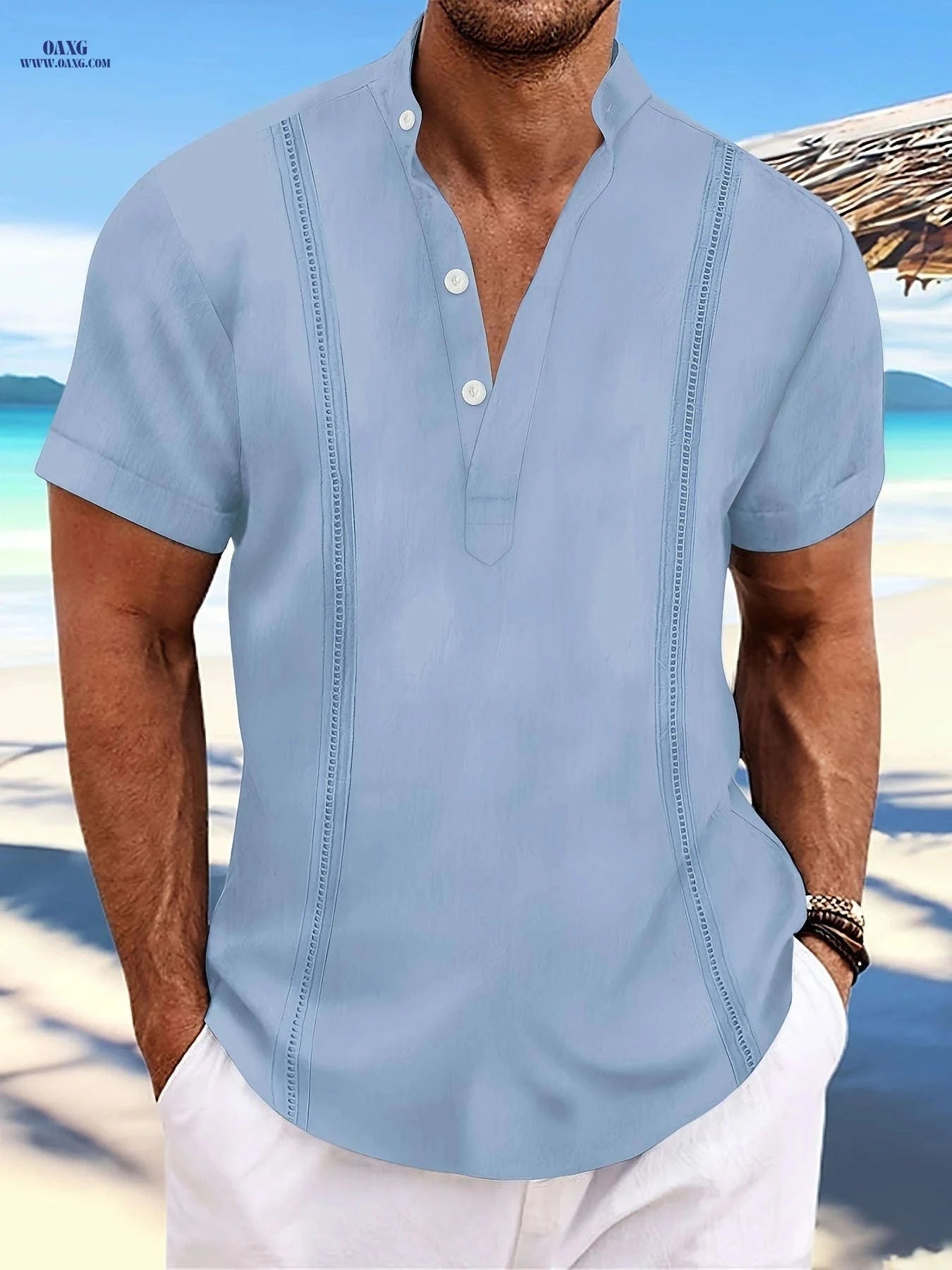 Men's Cuban Vintage Linen Henley Shirt - Casual Summer Style   OAXG Pink / FR S