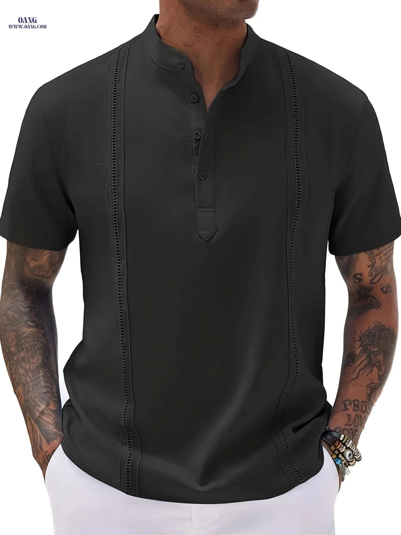 Men's Cuban Vintage Linen Henley Shirt - Casual Summer Style   OAXG Pink / FR S