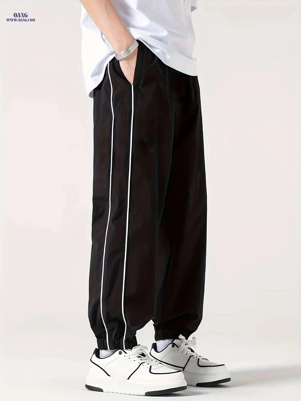 Men's Cuffed Casual Pants - Drawstring, Black/White Stripe Design   OAXG 
