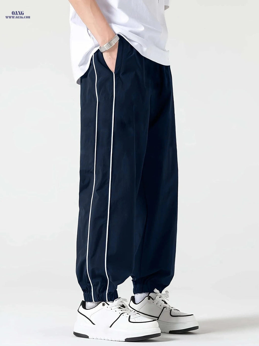 Men's Cuffed Casual Pants - Drawstring, Black/White Stripe Design   OAXG 