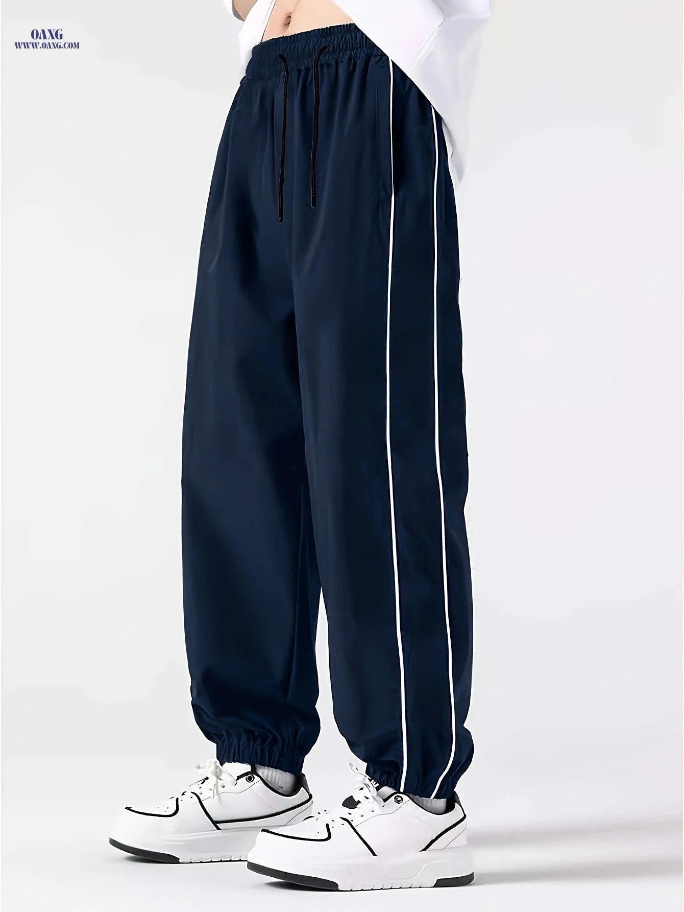 Men's Cuffed Casual Pants - Drawstring, Black/White Stripe Design   OAXG Blue / FR M