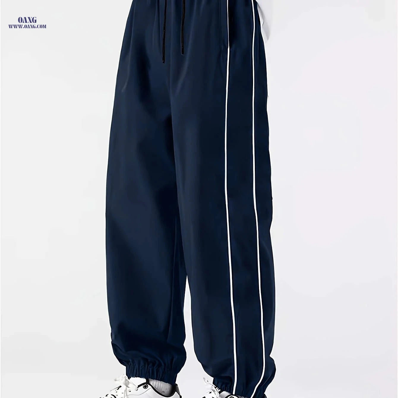Men's Cuffed Casual Pants - Drawstring, Black/White Stripe Design   OAXG Blue / FR M