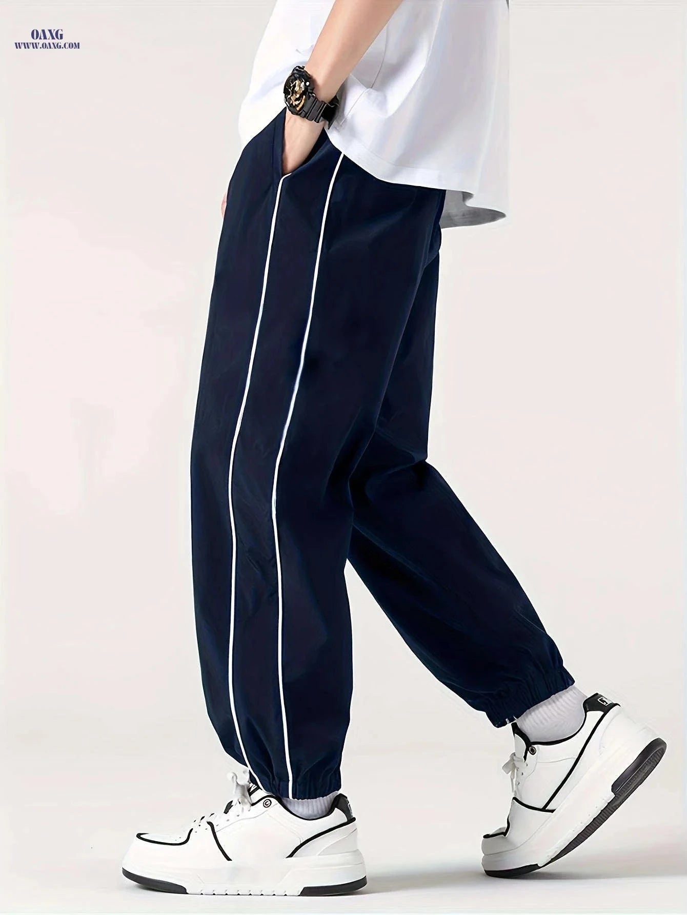 Men's Cuffed Casual Pants - Drawstring, Black/White Stripe Design   OAXG Blue / FR M