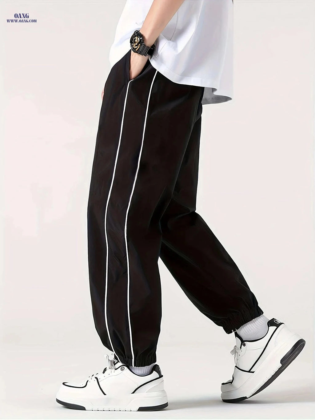 Men's Cuffed Casual Pants - Drawstring, Black/White Stripe Design   OAXG 